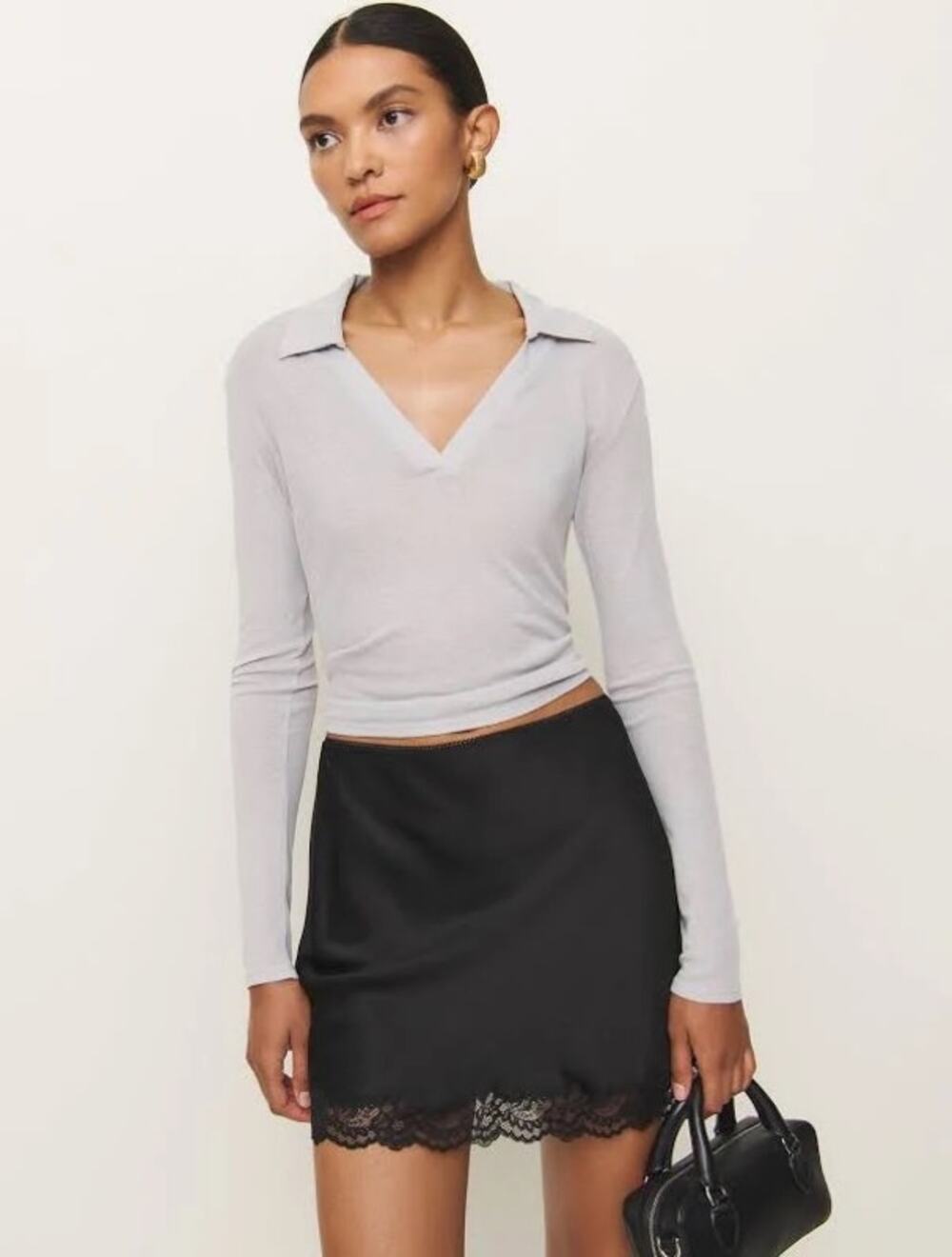 REFORMATION Neera Satin Slip Skirt Size 0 Black Mini Skirt Lace Trimmed Sexy EUC